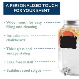 Ilyapa 2 Gallon Glass Beverage Dispenser - Wide Mouth Mason Jar Drink Dispenser - 100% Leak Proof Stainless Steel Spigot with Glass Flip Top Lid, Dispenser for Parties, Weddings, Lemonade, Cold Water