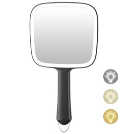 Famihomii Espejo de mano iluminado portátil y ligero, 6.2 x 5.9 pulgadas, 3 colores de luz, negro mate, resistente, multiusos, colgante, para maquillaje, peinado, afeitado o viajes
