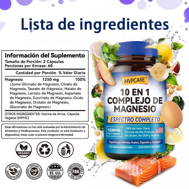 Mvpcare Suplemento Complejo Magnesio Elemental 1250mg 120 Cápsulas Citrato Malato