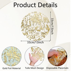 Thin Mesh Place Mat Round Gold, 24 Pieces 13 Inch Place Mat Round Gold Foil Place Mats Elegant Place Mats Golden Thin Mesh Placemats for Western Restaurant, Wedding Parties, Family Dinners (A)