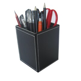 KINGFOM PU Leather Square Pens Pencils Holder Cup Desktop Stationery Organizer Case Office Accessories Container Box (Black)