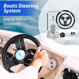 Generic Mechanical Boat Steering System with 15FT Cable, 13.5" Black PU Steering Wheel, 3/4 Tapered Shaft, Compatible with Yamaha, Suzuki, Honda, Mercury, Nissan, Tohatsu
