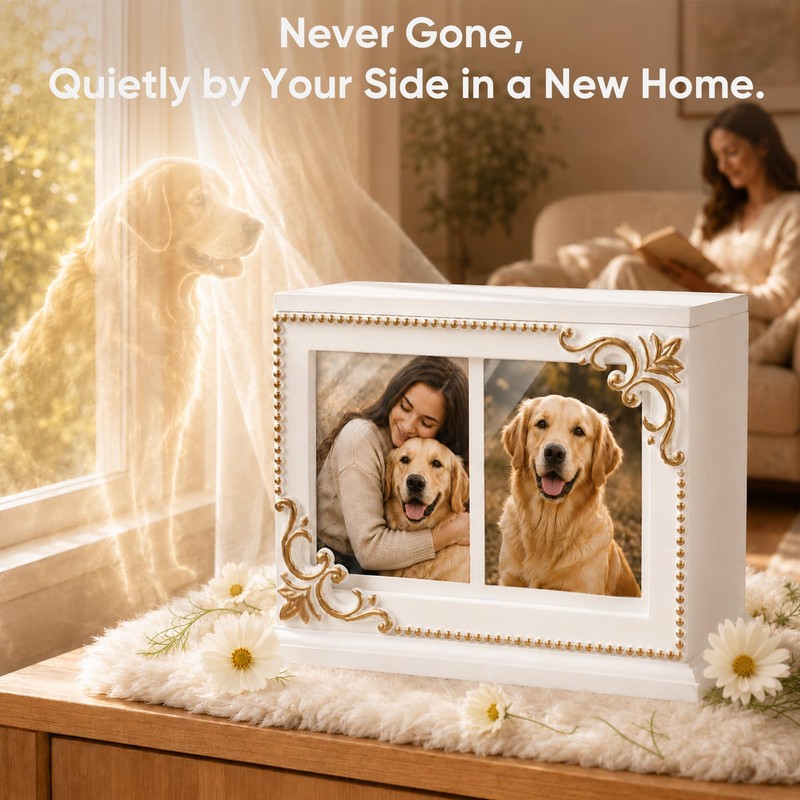 Rococo Acanthus Relief White & Gold Wood Pet Urn, Dogs