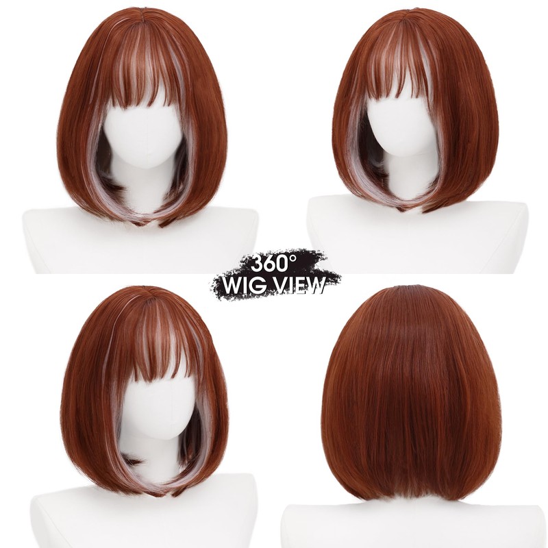 Copper White Bob Wig with Bangs, Short Straight Synthetic Wig