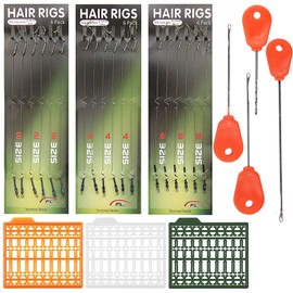 JSHANMEI Carp Fishing Hair Rigs 18pcs Wide Gape Barbed Carp Hook Anti-Tangle Swivel Braided Thread line with 3 Cards Boilie Bait Stops Dumbell Stoppers and 4pcs Bait Stringer Needle Tool Kit