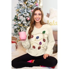 BANGELY Christmas Sequin Sweatshirt Women Christmas Light Sweatshirts Xmas Long Sleeve Shirts Holiday Crewneck Pullover Tops Apricot
