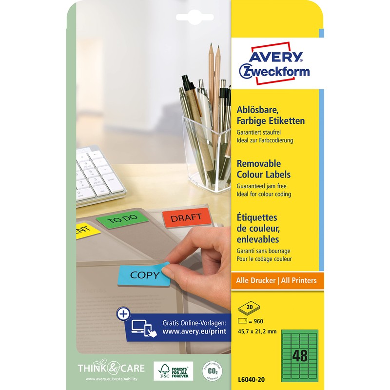Avery L6040-20 Removable Mini Labels (45.7 x 21.2 mm Labels,