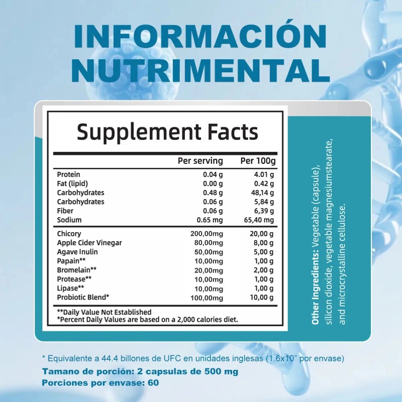 Probióticos Prebióticos Kakeweeu Enzimas Digestivas Vinagre Manzana 120 Cápsulas