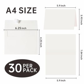 Blank Cards and Envelopes 4x6, 30 Pack Cream White Invitation Folded Cardstock with 30 Matching Self-Seal Cream A4 Envelopes, Thank You Blank Greeting Cards, for DIY, Print Custom, Wedding & Birthday