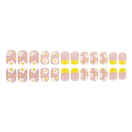 Square Press on Nails Short Fake Nails with Flower Designs Yellow French Tip Nails Press ons Nude Acrylic Nails Spring Summer Glue on Nails Glossy False Nails Cute Stick on Nails for Women 24Pcs
