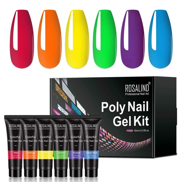 ROSALIND Poly Nail Gel Nail Set, Neon Poly Nail Gel Polish Colors for Nail Extension, 15g 6Pcs DIY Easy Nail Harder Gel at Home for Nail Art Design