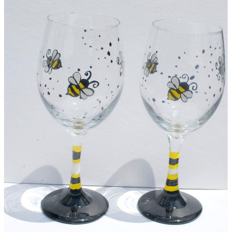 Honey Bee Hand Painted Stemmed Wine Glasses Set of 2