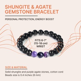 Karelian Heritage Shungite Elastic Stretchy Bracelet with 3 Purple Agate Beads | Authetic Shungite Crystal Jewelry | Protective Powerful Defender Stone Bracelet | Spiritual Healing Crystal Chakra Balance BO43