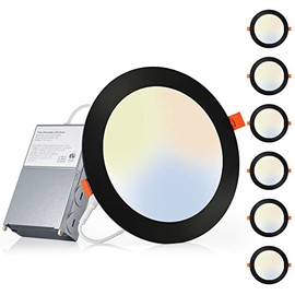 Amico 6 Pack 6 Inch 5CCT Ultra-Thin LED Recessed Ceiling Light with J-Box, 2700K/3000K/3500K/4000K/5000K Selectable, 12W Eqv 110W, Dimmable Canless Downlight, 1050LM High Brightness,Black