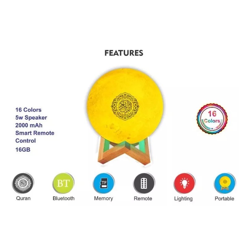 Moon Quran Speaker w/ Remote, includes 18 Reciters, 25 Translations,