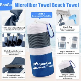 BonGu 2 Pack Beach Towel Set 180x80cm & 60x38cm Microfiber Travel Towels Super Absorbent Compact Lightweight Quick Dry Towels for Beach Pool Bath Sand Free Beach Towels (Navy Blue)