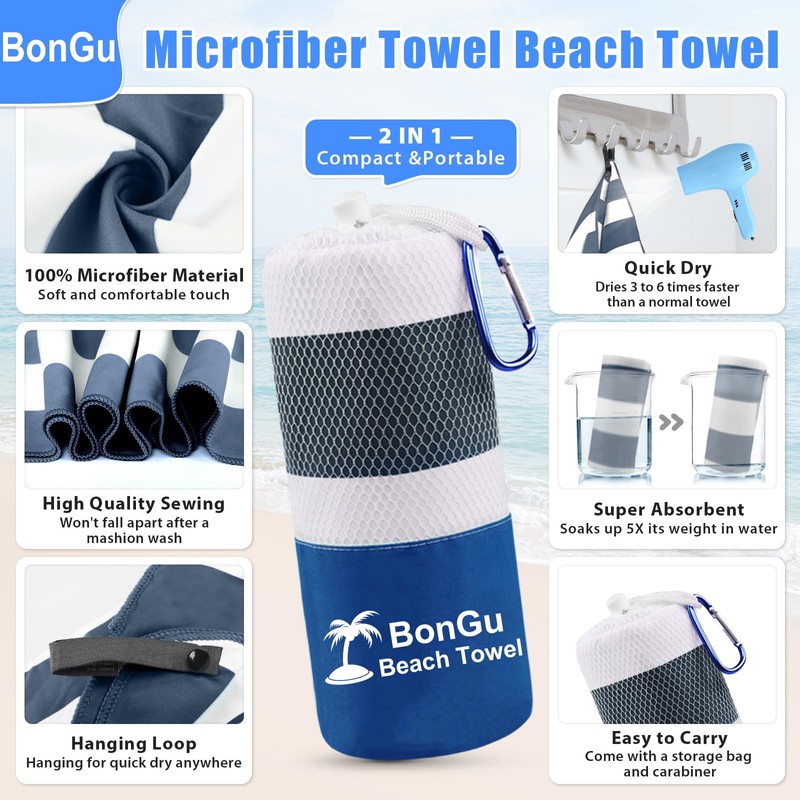 BonGu 2 Pack Beach Towel Set 180x80cm & 60x38cm Microfiber