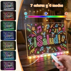 Tablero De Notas LED, LED Drawing Board Con Soporte Invisible, 7 Colores Y 4 Modos,Incluye Adaptador, Cadena Para Colgar, Gancho,7 Marcadores Y Botell