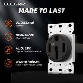 ELEGRP NEMA 14-50R WR Weather Resistant Range Oven Stove Receptacle, 50A 125/250V Flush Mounting Power Outlet, Straight Blade Heavy Duty Range Receptacle, Grounding, 3 Pole 4 Wire, UL Listed, 1 Pack