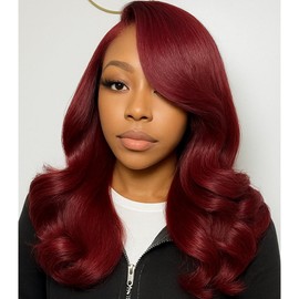 YINGRUN 16 Inch 99J Bob Wig Human Hair 13x4 Frontal Lace Wig Body Wave 180% Density Burgundy HD Transparent Lace Front Wigs Human Hair Wigs for Black Women Pre Plucked Red
