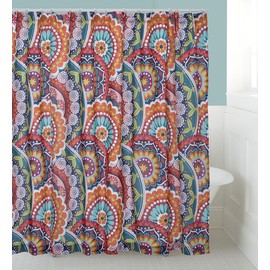 Levtex Home - Serendipity - Shower Curtain (72x72in.) with Button Holes - Boho Floral in Orange Teal Red Blue - Orange, Teal, Red and Blue