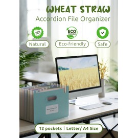 Accordion File Organizer, 12 Pockets Wheat Straw Expanding File Folders, Upright & Open Top, Monthly Bill Receipt Organizer, 100% BPA Free, Return to Nature, Healthy Living, Letter/A4 Size-Sky Blue