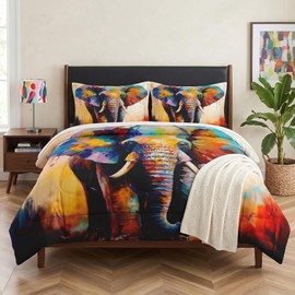 WeCozy Full Size Comforter Set with 2 Pillowcases, Painting Colorful Elephant Soft 3 Pcs Bedding for Kids and Adults Bedroom Bed Decor