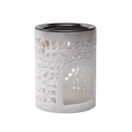 Bitto Lotus Alabaster Incense Burner Lantern Height 12 cm, Diameter 9 cm with Stainless Steel Strainer Diameter 9 cm Soft Stone with Flower Tendril Pattern