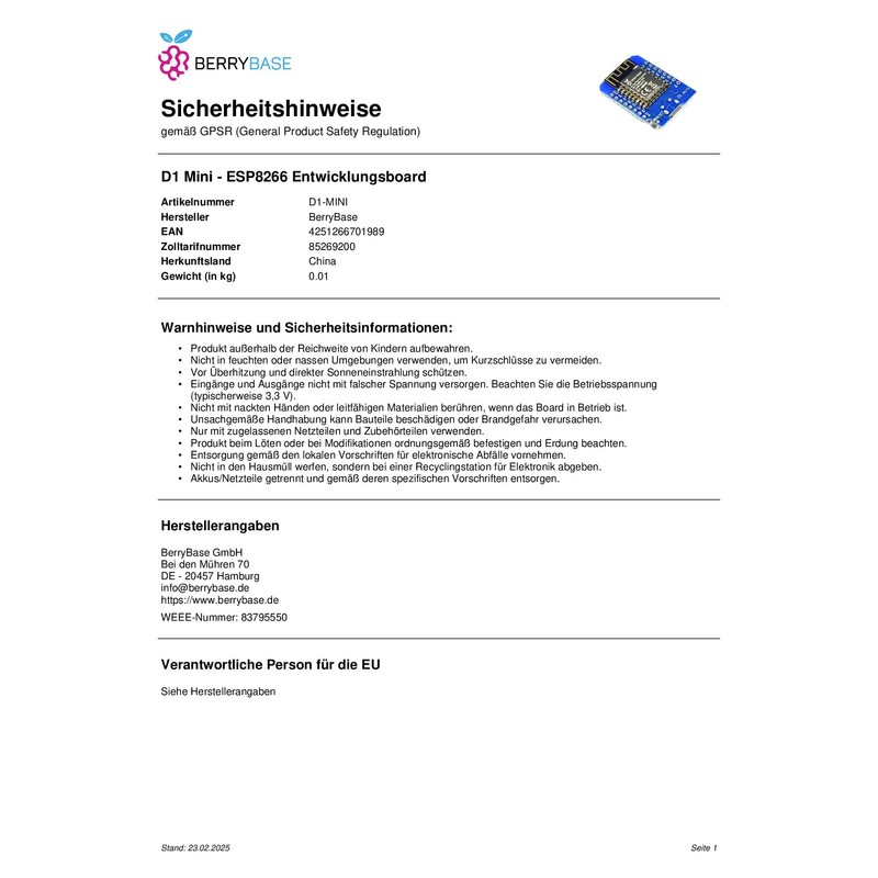 BerryBase D1 Mini ESP8266 Development Board