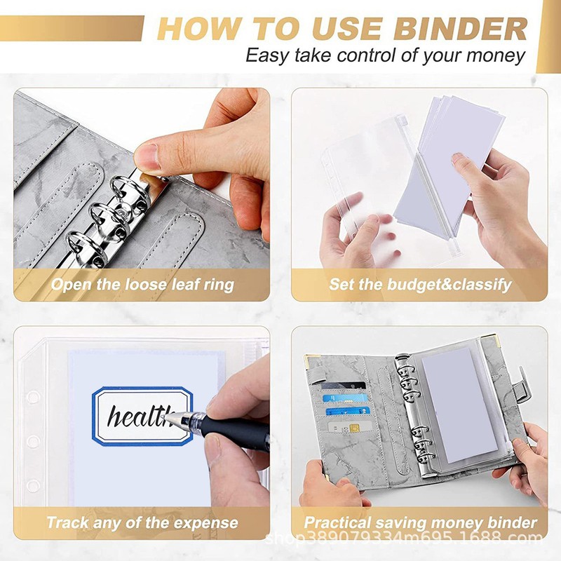 A6 Binder Budget Book Portable Marble Grain Notebook PU Leather