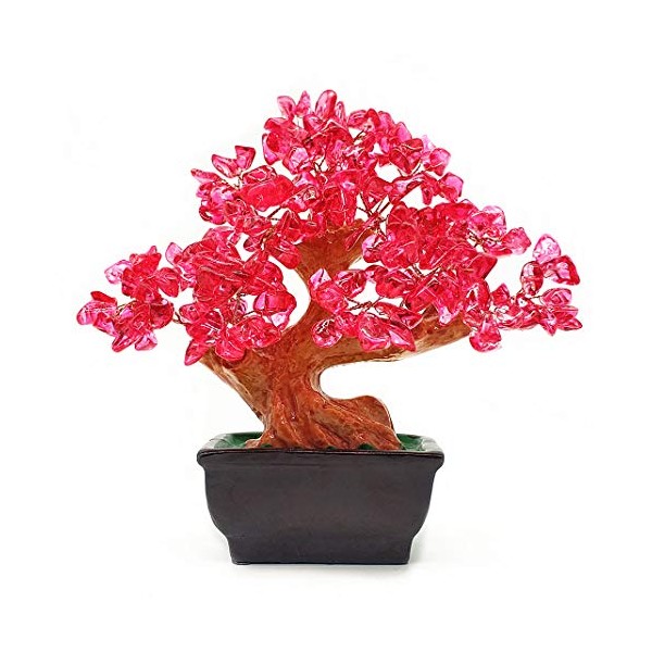 Colorsheng Feng Shui Quartz Crystal Money Tree Bonsai Style Decoration for Luck and Wealth (Red)