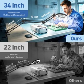 HITTI Ultra Long 12X & 30X Magnifying Glass with Light and Clamp, 5 Color Modes Steepless Dimming Desk Lamp, Swivel Arm Workbench Light, Hands Free Lighted Magnifier Stand for Craft Reading Hobby