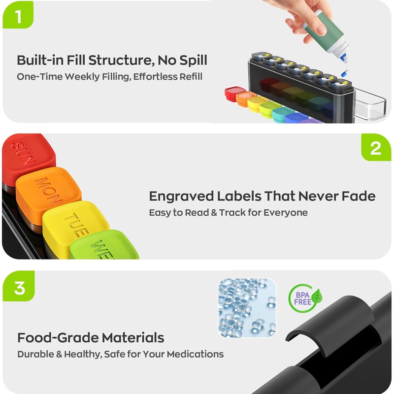 Weekly Pill Organizer, Detachable 7-Color Pill Box, Easy Open