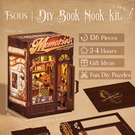Fsolis Book Nook Kit, DIY Miniature House Kit for Adult Bookshelf Decor Puzzle Booknook for Craft Lovers(Memories Music Bookshop)