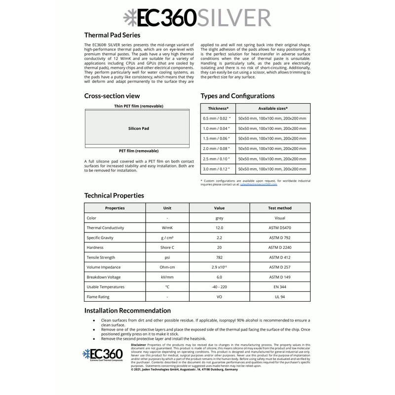 EC360® Silver 12W/mK Thermal Pad 50 x 50 x 1.0