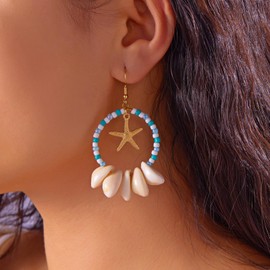 Vintage Starfish Shells Earrings for Women,Statement Geometry Circular Earring Dangle Boho Acrylic Colorful Bead Earrings Beach Party Jewelry, Large, Alloy Steel, No Gemstone