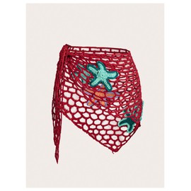 Verdusa Women's Starfish Hollow Out Crochet Beach Cover Up Skirt Asymmetrical Sheer Wrap Skirt Red Small