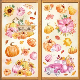 JarThenaAMCS 8 Sheet Hello Fall Window Clings Watercolor Pink-Orange Pumpkin Maple Leaves Reusable Window Decals for Autumn Thanksgiving Home Glass Decor