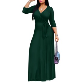 FANDEE Women's 2024 Maxi Dress - Solid Color Bohemian Summer Long Maxi Dress V-Neck 3/4 Sleeve Green 3XL