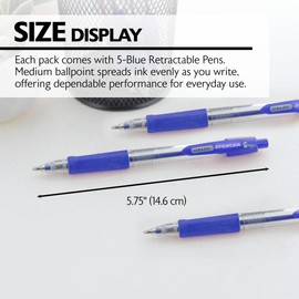 BAZIC PRODUCTS Ballpoint Pen Spencer Blue Retractable Pen Soft Barrel Grip Pens, 1.0 mm Bold Point Smooth Writing, for Office School Teacher (5/Pack), 1-Pack