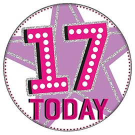 Age 17 Birthday Badge Pink And Silver Holographic Recyclable Star 17th Birthday Party Badge