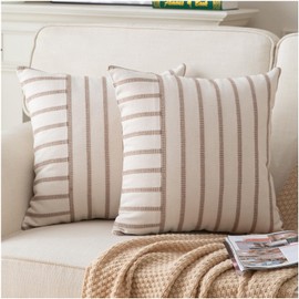 Boho Throw Pillow Covers 18x18 Set of 2 Soft Farmhouse Decorative Couch Pillow Cases Beige Striped Pillow Covers Neutral Cushion Covers for Sofa Bed Living Room Home Decor