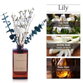 Aeeteek Reed Diffuser Set - Lily Tuberose Essential Oil, 5.07oz/150ml Floral Aroma Oils Scents with Flower Decoration and Rattan Sticks, Home Fragrance for Bedroom Bathroom Shelf Office Room Decor