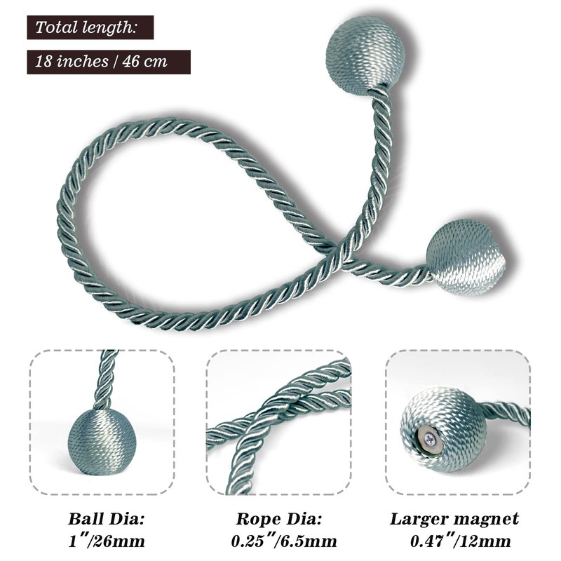 Hion Magnetic Curtain Tiebacks Gray Blue 2 Pack, Curtain Tiebacks