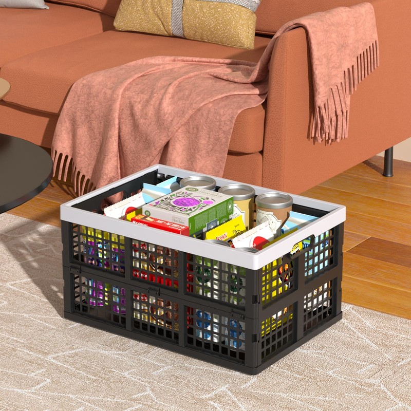 2-Pack 42L Plastic Folding Storage Crate, Collapsible Basket Crate