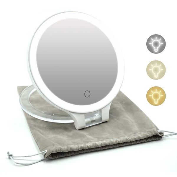 FACSINATE Mirror, Tabletop Vanity Mirror, Stand Mirror, Makeup, 0.6 inch (1.5 cm) Thickness, Magnifier, Energy Saving Folding, 3 Levels of Brightness Adjustment, Standing Type, Industry Level, Angle Adjustment (White (Pouch Included)