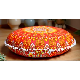 CRAFT KALA 22" Mandala Meditation Floor Pillows Cover Pouf Cover Round Seating Bohemian Mandala Cotton Floor Cushion Cover Outdoor Fireplace Seating Living Room Yoga Room Home Décor (Orange Flower)