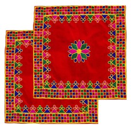 NAISHA Red Thread Work Embroidery Pooja Aasan Mat (Set of 2) 15" X 15" Velvet Puja/Altar Cloth Mandir, Multipurpose Pooja Decorations Keeping Accessories of Temple, Chowki, Slab Article. Beautiful
