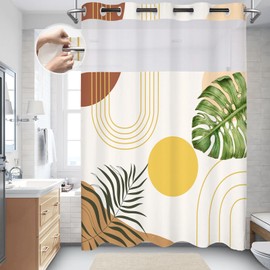 LYLYCTY No Hook Boho Shower Curtain with Snap in Liner Set,Mid Century Green Leaf Shower Curtains for Bathroom Decor, Modern Abstract Boho Waterproof Fabric Shower Curtain, 71x74 Inches