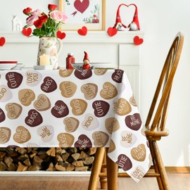 Horaldaily Valentine's Day Tablecloth 60×84 Inch Rectangular, Chocolate Candy Love Hearts with Words Washable Table Cover for Party Picnic Dinner Decor